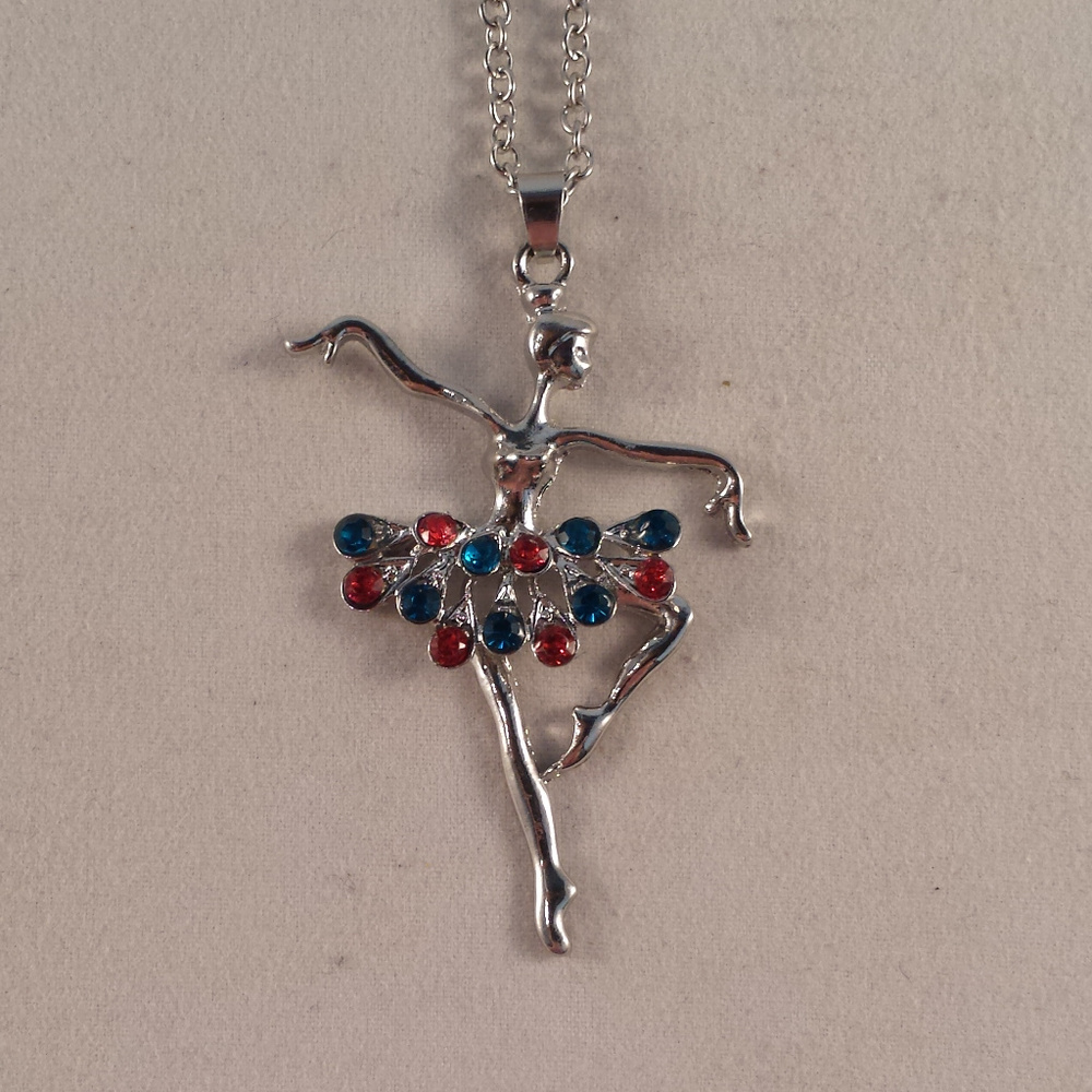 Silver Ballerina Dancer Colorful Crystal Gemstone Pendant Necklace Gorgeous Gift